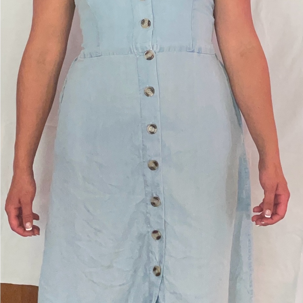 Strapless Light Blue Button-Front Dress
